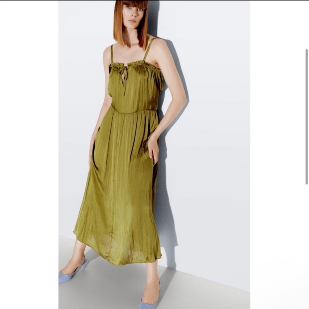 Zara Olive Satin Effect Dress - Picture 3 of 15